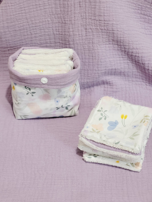 Lot de 7 lingettes et son panier - Lilas et fleurs aquarelle