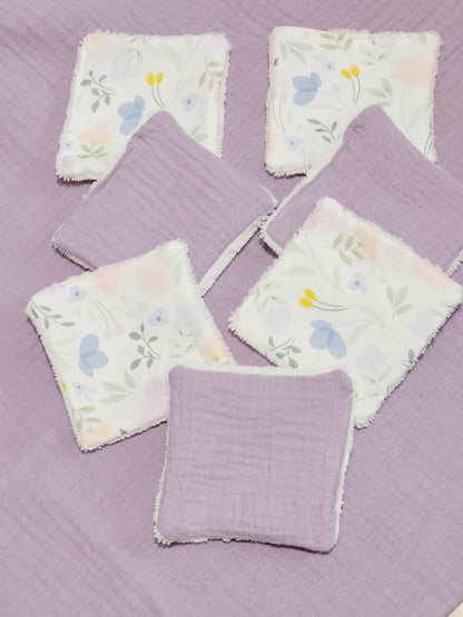 Lot de 7 lingettes et son panier - Lilas et fleurs aquarelle